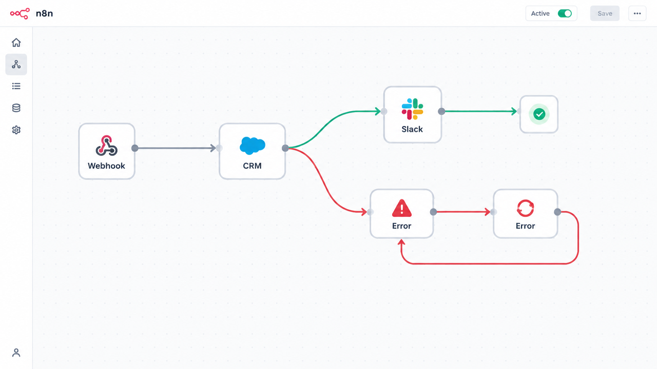 n8n workflow canvas mid-build with a success branch and an error-handling retry path
