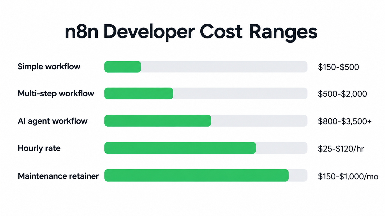 Bar chart of typical n8n developer cost ranges by engagement type