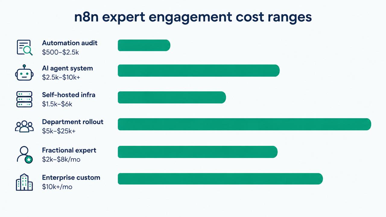 Bar chart of typical n8n expert engagement cost ranges, from automation audits to enterprise retainers